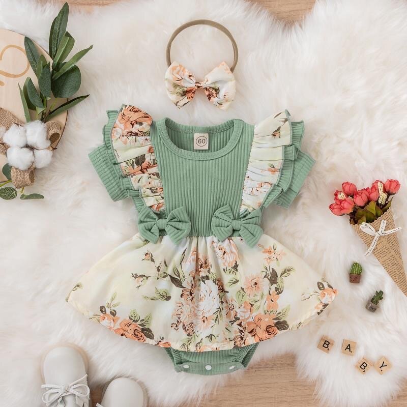 New Kids Cute Floral Romper 2pc Baby Girls Clothes Jumpsuit Romper+Headband 0-24M Age Ifant Toddler Newborn Outfits Children Set