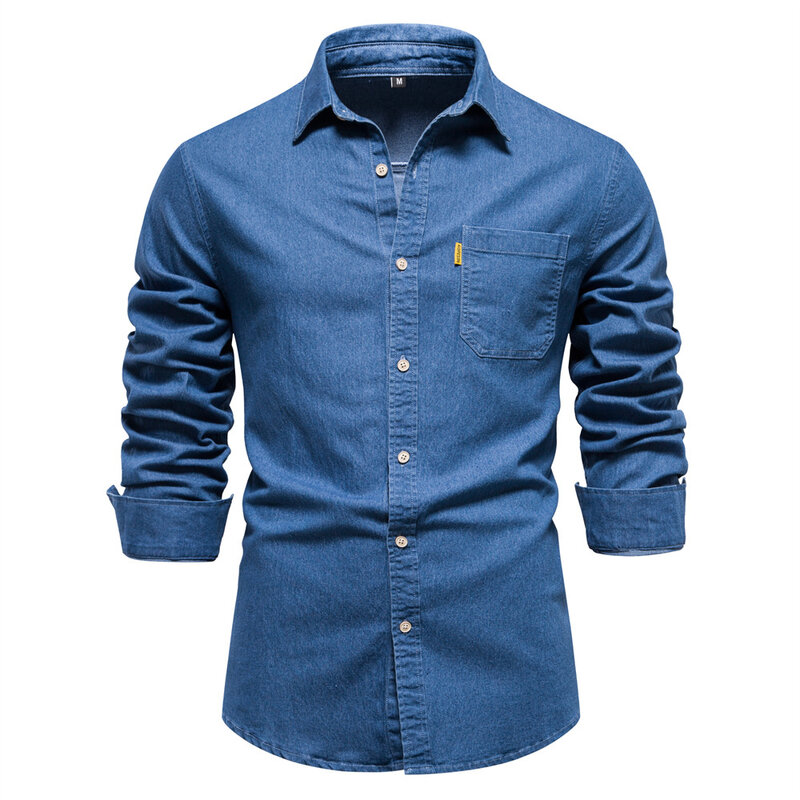 Camisa vaquera de algodón para hombre, camisa informal de manga larga con un solo bolsillo, ajustada, de diseñador, Color sólido, novedad de otoño
