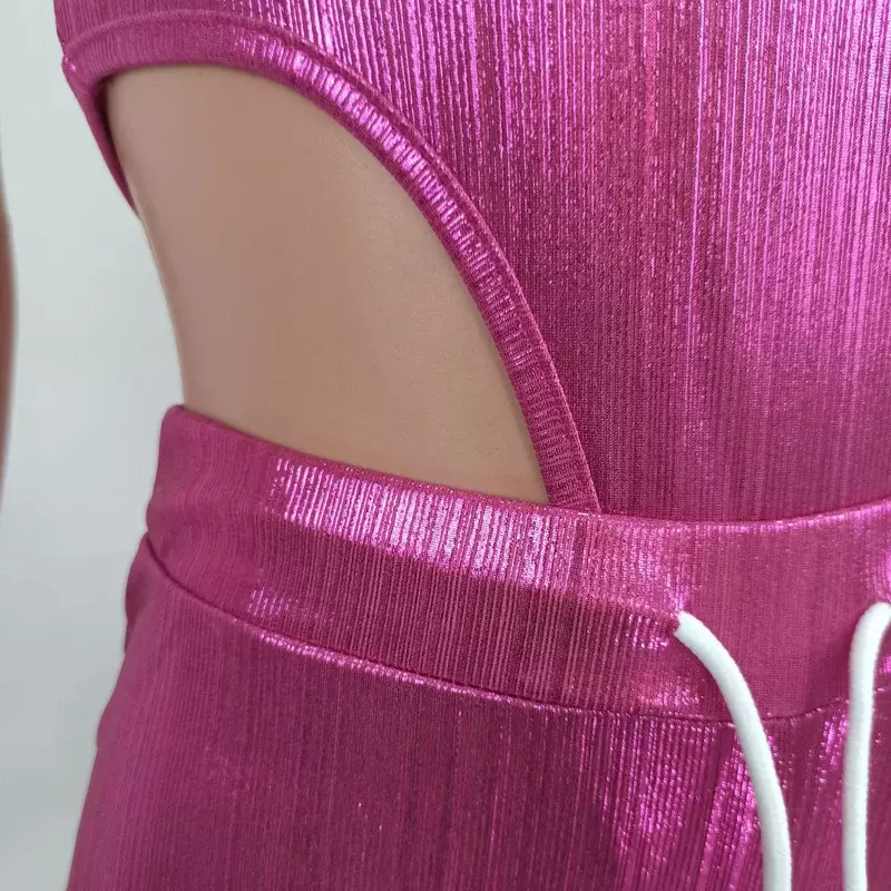 KEXU-conjunto metálico de 2 piezas con purpurina para mujer, ropa Sexy para discoteca, Top y pantalones cortos, trajes a juego para fiesta y cumpleaños