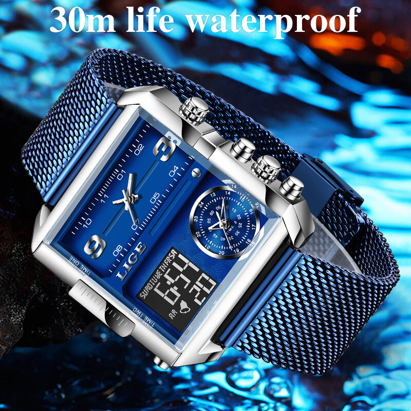LIGE luksusowe mężczyźni cyfrowy zegarek kwarcowy kreatywny Sport zegarki męskie zegarek wodoodporny zegar Montre Homme Relogio Masculino + box