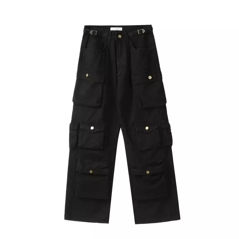 Pantalones Cargo multibolsillos para mujer, lavados de Vaqueros cintura alta, Retro, Harajuku, sencillos e informales, de pierna ancha