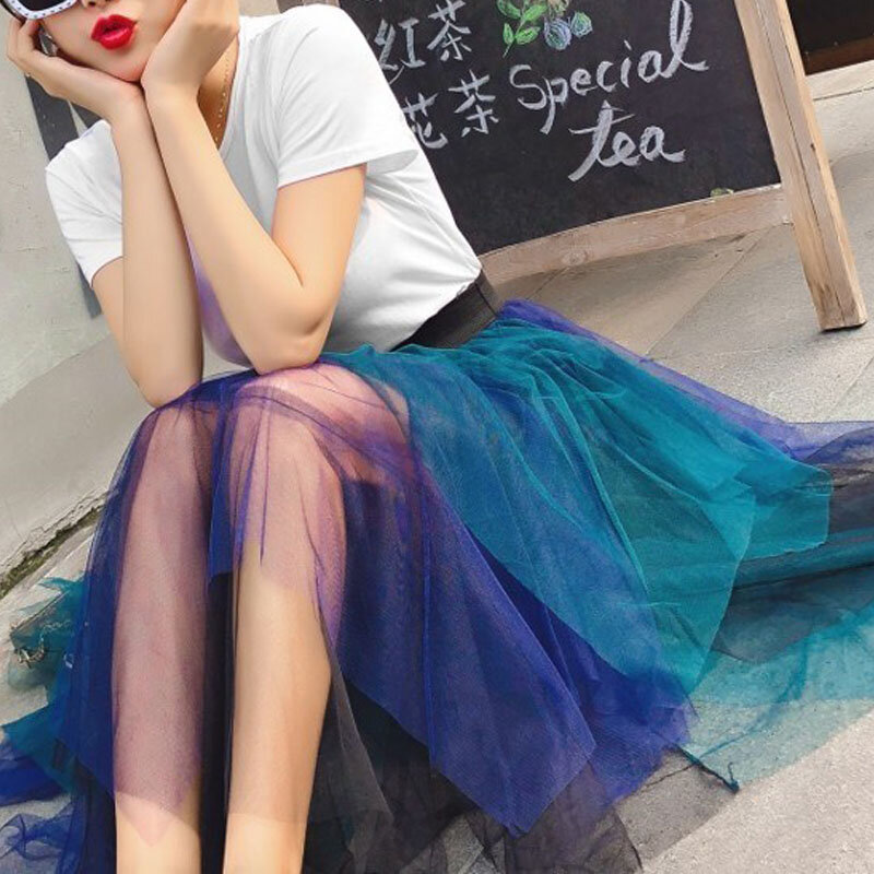 Весенняя Милая многоцветная Тюлевая Лоскутная Асимметричная юбка с эластичным поясом, трапециевидная многоярусная сетчатая плиссированная длинная юбка до икры, оптовая продажа