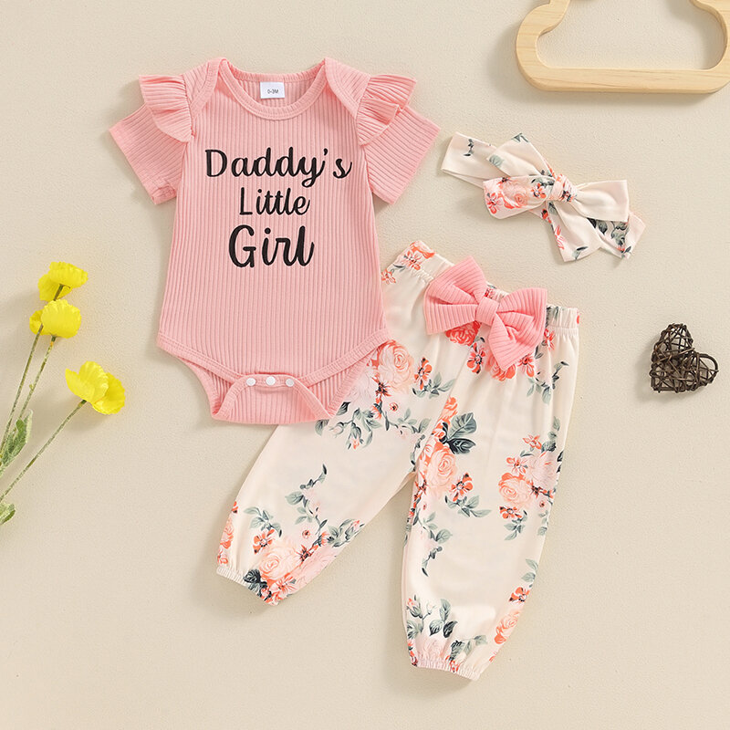 Baju monyet lengan pendek untuk bayi perempuan, Set 3 potong pakaian musim panas motif huruf dan celana Motif bunga untuk bayi perempuan