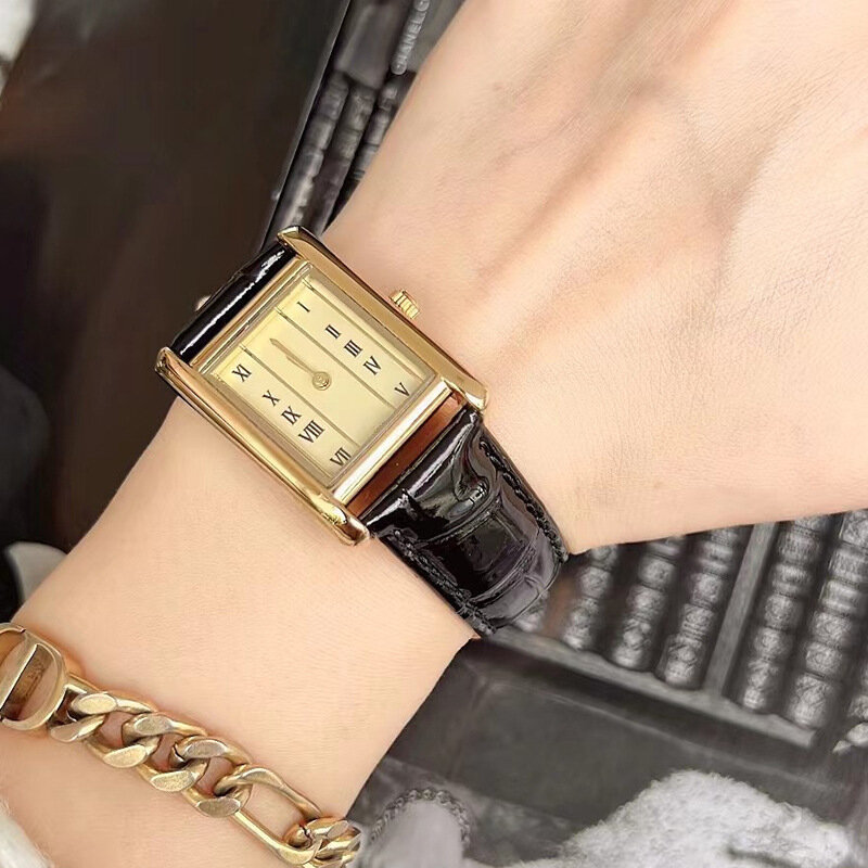 女性用牛革レザー腕時計、エレガントバンド、ゴールドダイヤルプレート
