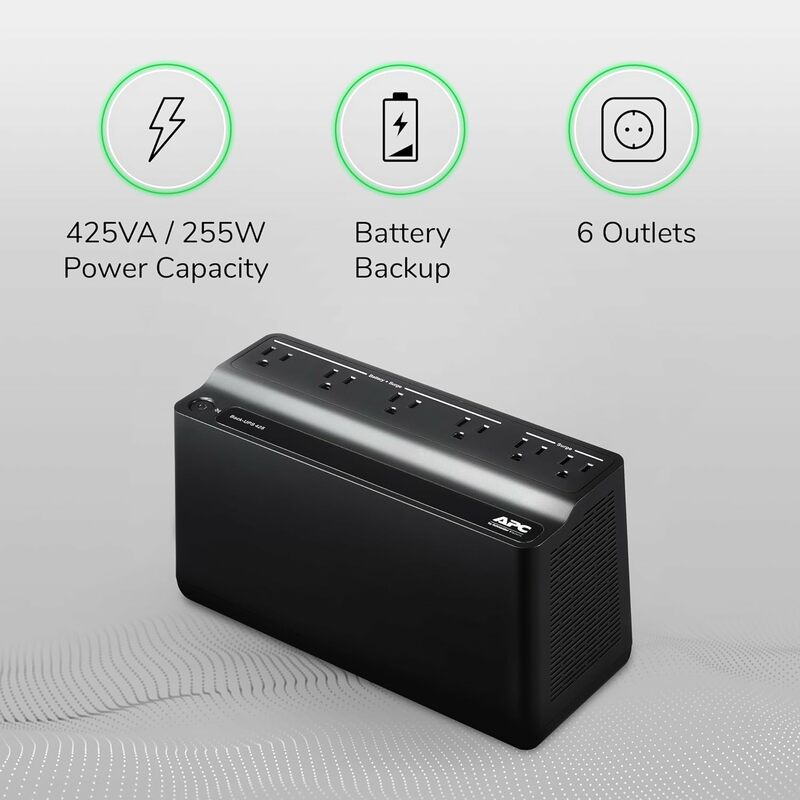 APC UPS Battery Backup Surge Protector, 425VA Backup Bateria de Alimentação, BE425M, Preto