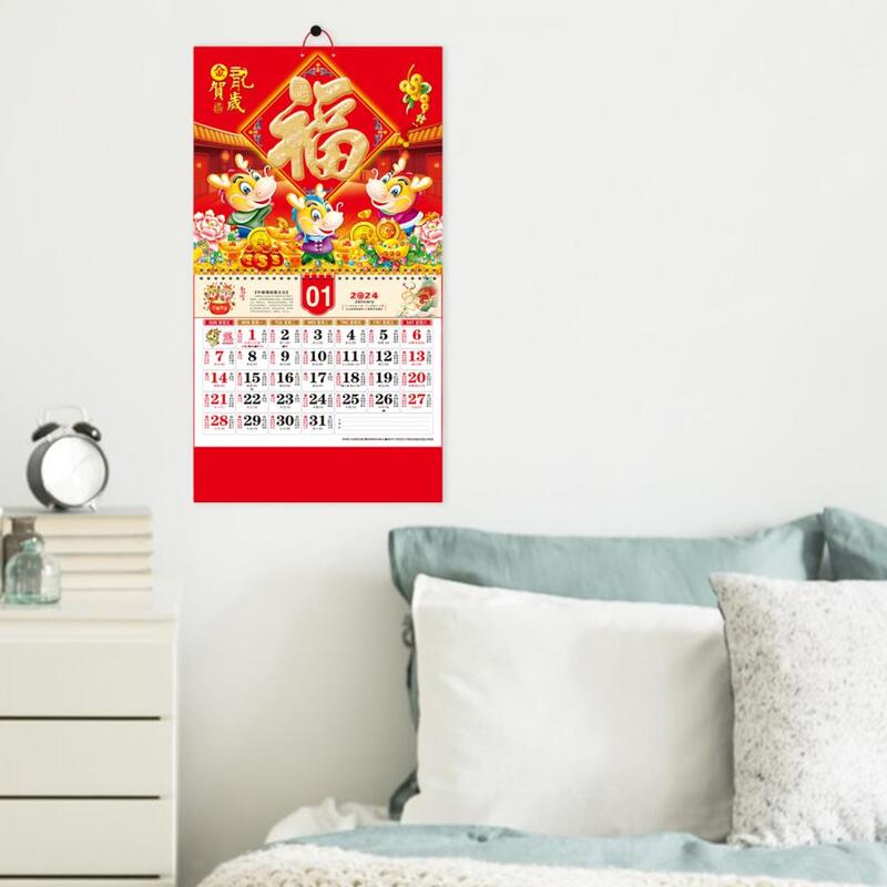 2024 kalendarz ścienny 2024 chiński noworoczne, ścienne kalendarz ścienny błogosławieństwo słowo Ornament podwójna strona cewki zmieniająca dekorację domu księżycowy