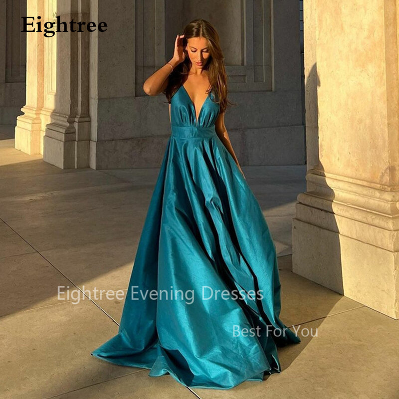 Eightree Elegant Modern Evening Dresses A Line Spaghetti strap Backless V neck Prom Dress Pleats Party Gowns vestidos para mujer