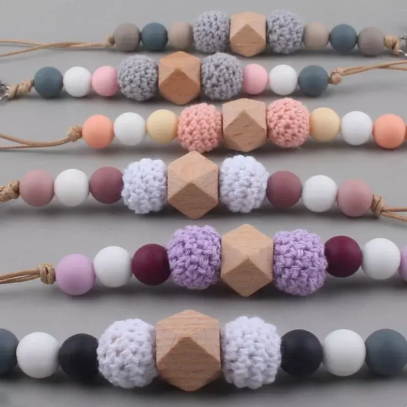 Safety Wooden Chew Silicone Bead Pacifier Clips Dummy Chain Holder Newborn Soother Chains Nipple Holder Baby Teething Toys Gifts