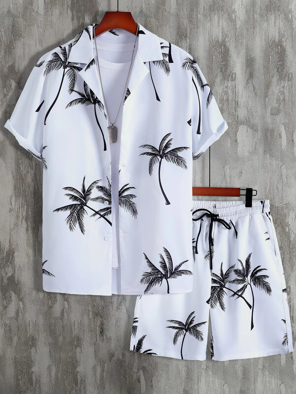 夏の男性と女性の半袖シャツセット熱帯植物ヤシの木プリントファッションラペルボタントップショーツ