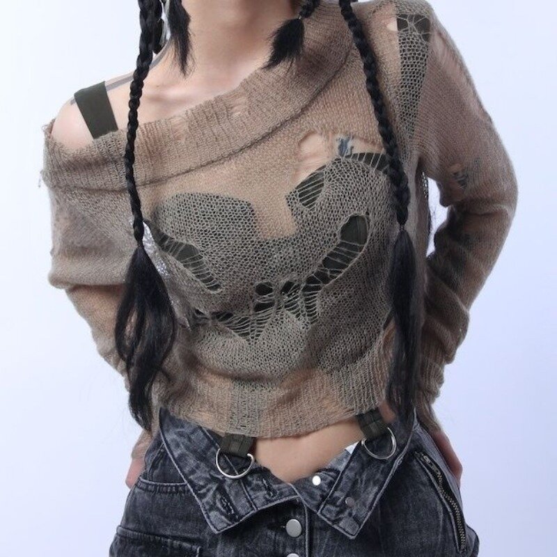 Женский свитер в стиле Харадзюку, Укороченный трикотажный пуловер с вырезами, просвечивающий джемпер в винтажном стиле, весна
