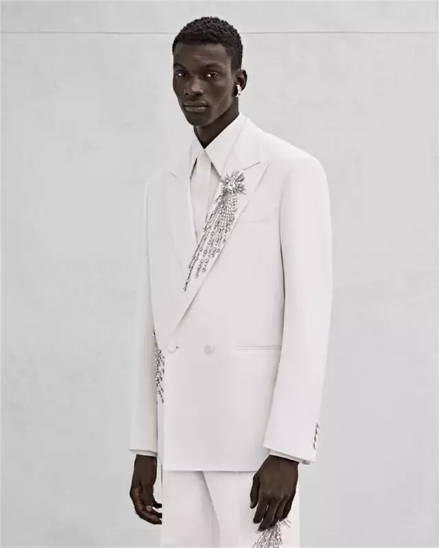 Luxury Crystal Black Men Suits Set 2 Piece Blazer+Pants Custom Made Black Jacket Groom Wedding Tuxedo Coat
