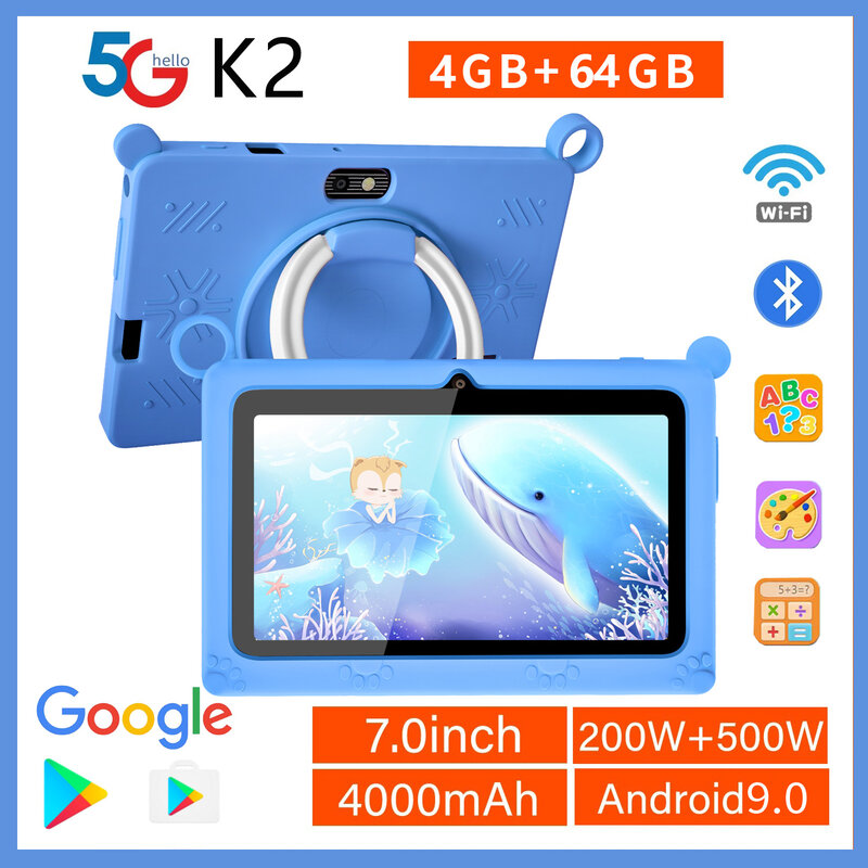 Tableta educativa de 7 pulgadas para niños, dispositivo con WiFi 5G, Android, cuatro núcleos, 4GB de RAM, 64GB de ROM, cámaras duales, Bluetooth, ideal para regalo
