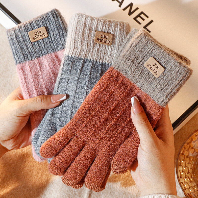 Winter Warm Knitted Full Finger Gloves Women Imitation Cashmere Thick Plush Touchscreen Mittens Outdoor Cycling Driving Gloves