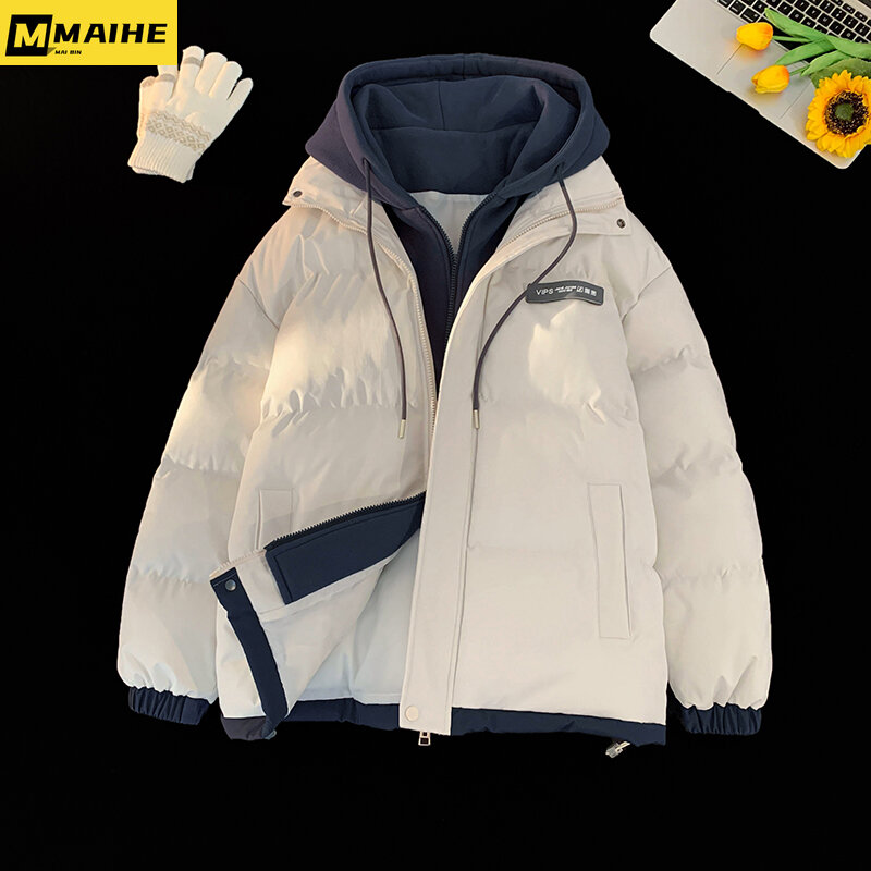 Новинка 2023, зимняя мужская куртка с искусственным капюшоном, ветрозащитная теплая куртка, Мужская и Женская Корейская версия, толстая мужская одежда с подкладкой