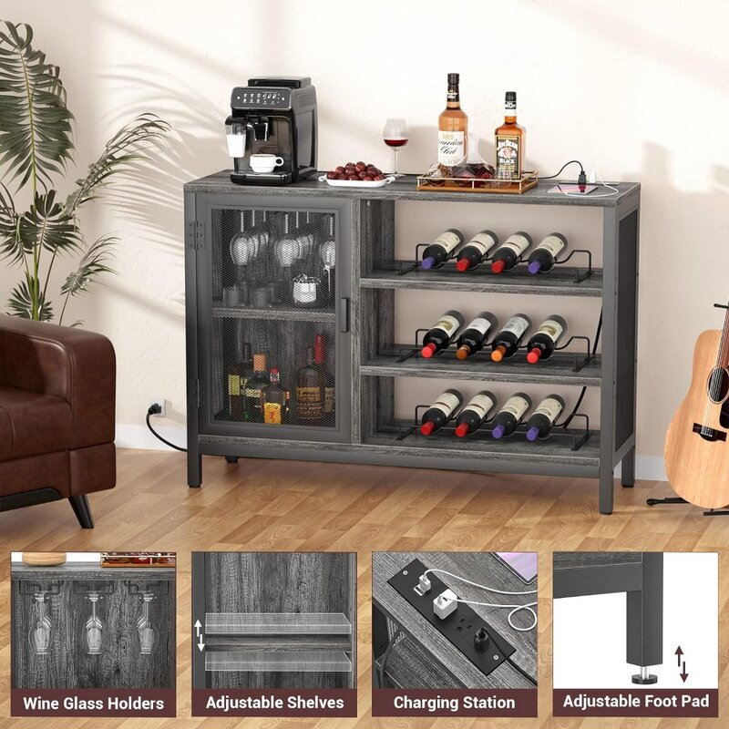 Homieasy-Cabinet Wine Bar com Power Outlets, Gabinete de Café Industrial para Licor e Copos, Farmhouse