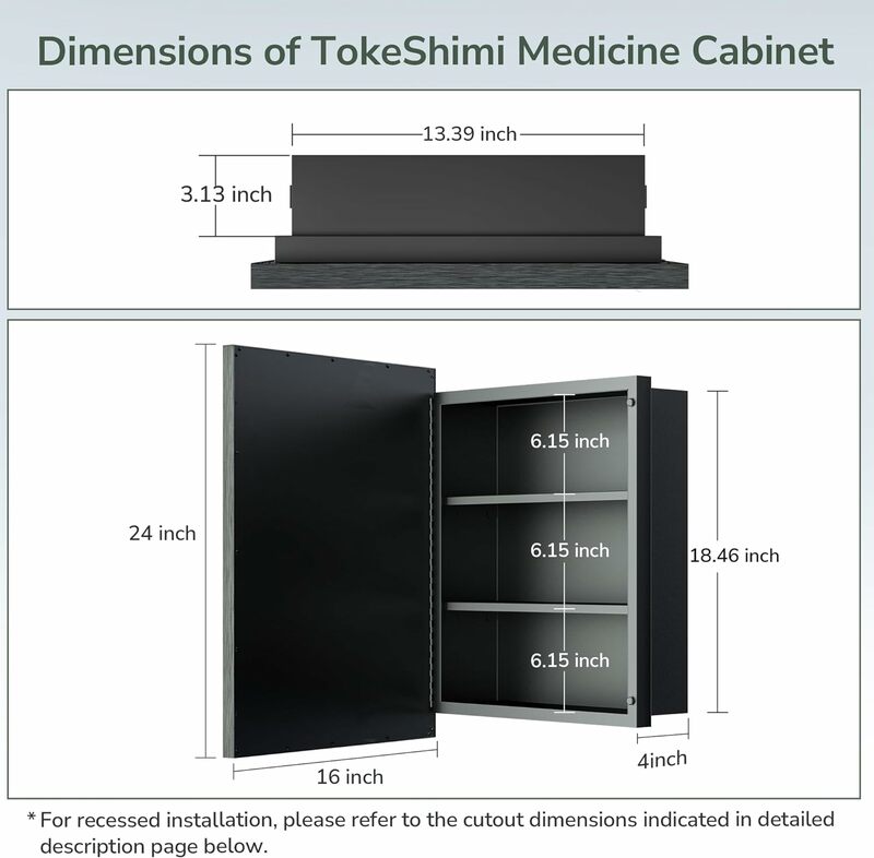 TokeShimi 실버 금속 프레임 표면 벽 장착, 알루미늄 합금 베, 16x24 오목한 의학 캐비닛, 욕실 세면대 거울