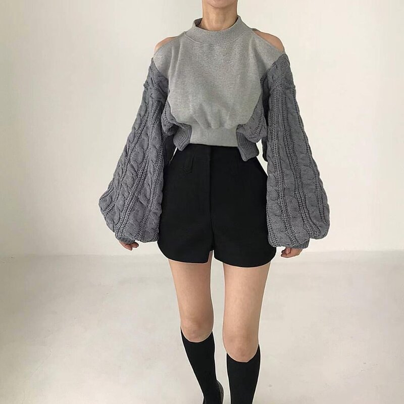 Coreano Chic Fashion Vintage Women Lantern Sleeve maglione corto top autunno Sexy scava fuori felpe con cappuccio lavorate a maglia con punto spalla