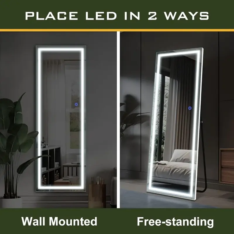 Espejo de cuerpo completo de 63X16 pulgadas, espejo de longitud completa con luces LED blancas con soporte, espejos de pie grandes para el suelo, sala de estar y el hogar