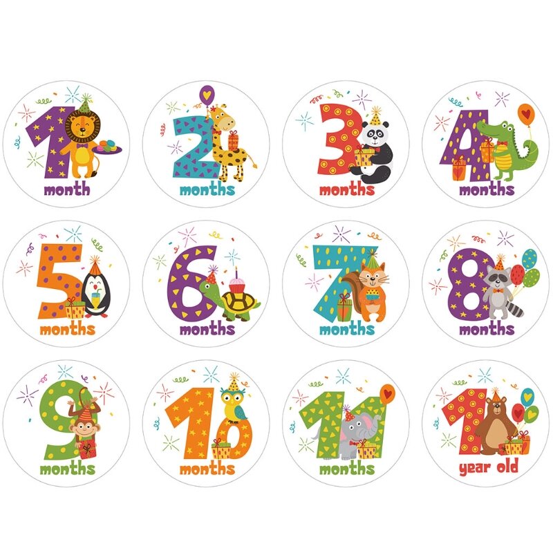Milestone Memorial Month Sticker Cartoon Animal Baby Adesivi mensili Fotografia Numero di carta commemorativa Puntelli per foto
