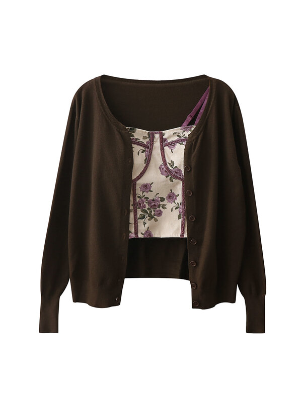 Wiosna i jesień nowy styl francuski delikatny styl Retro mały wzór kwiatowy zawiesia damska kurtka z okrągłym dekoltem sweter dziergany zestaw dwuczęściowy