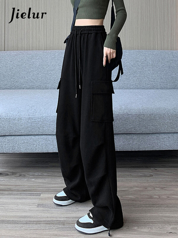 Jielur zimowe amerykańskie luźny, w stylu Basic spodnie Cargo New Casual Sport Streetwear jednolity kolor elastyczne w talii eleganckie kieszenie spodnie dla kobiet