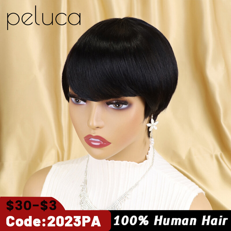Perucas de cabelo humano curto com franja cabelo virgem brasileiro pixie corte peruca natural barato perucas de cabelo humano para preto