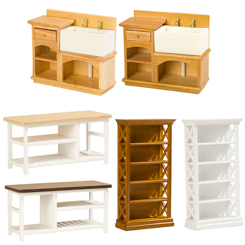 Dollhouse Miniature Acessórios, Mobiliário Estante, Study Desk, Double Basin Sink, Mini Modelo, Doll House Decoração
