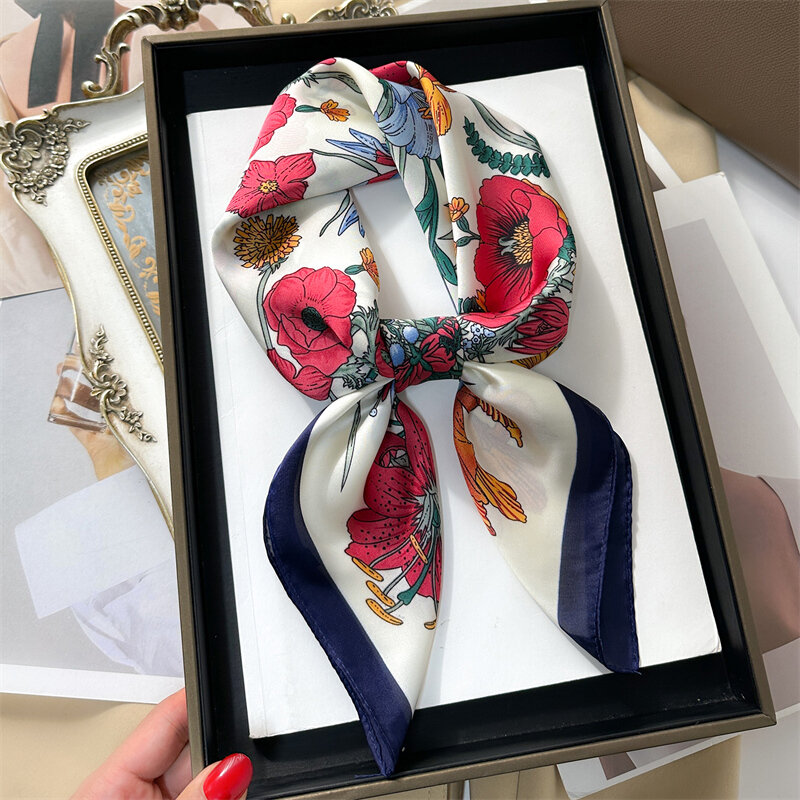 Luxury Silk Scarf for Women Square Satin Hair Accessores Fashion 2023 New Floral Print Shawl Wraps Foulard Neckerchief Bandana