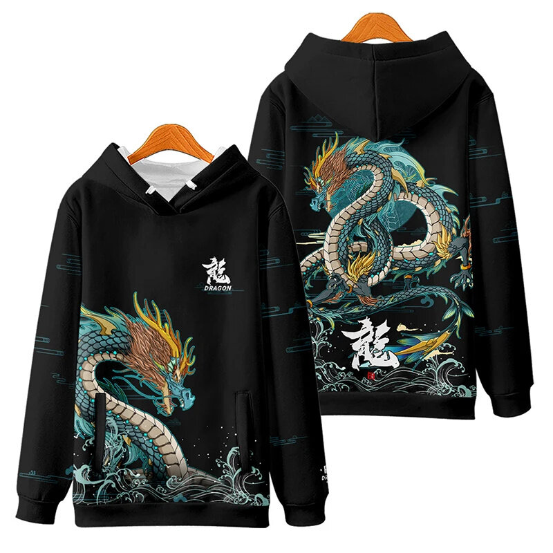 Ano chinês do dragão-moletom chique com capuz para casais, moletom solto para pais e filhos, ano chinês 3D, casual, outono, 2024
