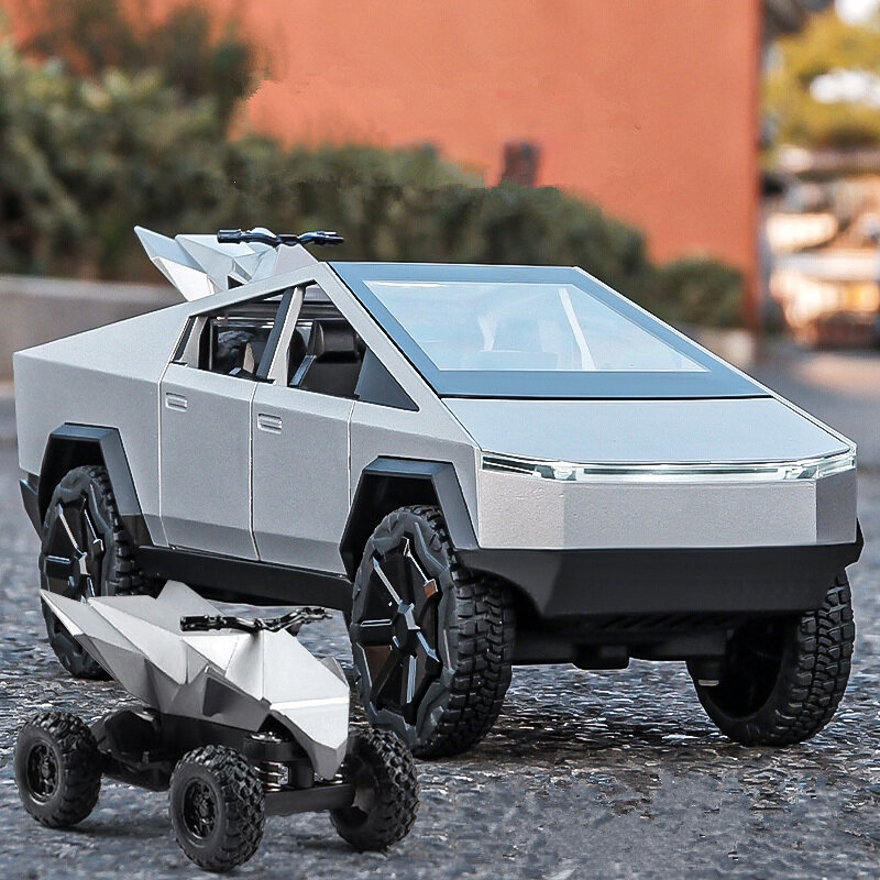 1/24 Teslas Cybertruck Model mobil Aloi Model diecast mainan logam kendaraan Off-road Model truk simulasi suara lampu hadiah anak-anak