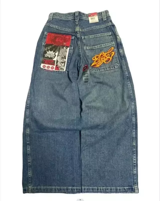 Jeans americano de encaixe solto bordado high-end masculino, calças até o chão, calças drapeadas, design de rua hip-hop