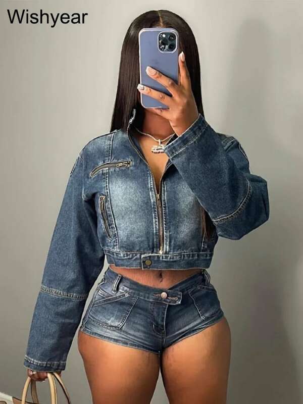 Casual Streetwear Spring Club Outfits for Women stretch Denim O-Neck Long Sleeve Jackets Crop Tops and Shorts Jeans 2 Piece Set