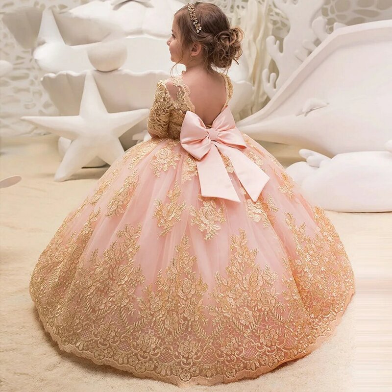 Children's Wedding Dress Girl's Mid Sleeve Lace Birthday Performance Host Pengpeng Princess Long Dress