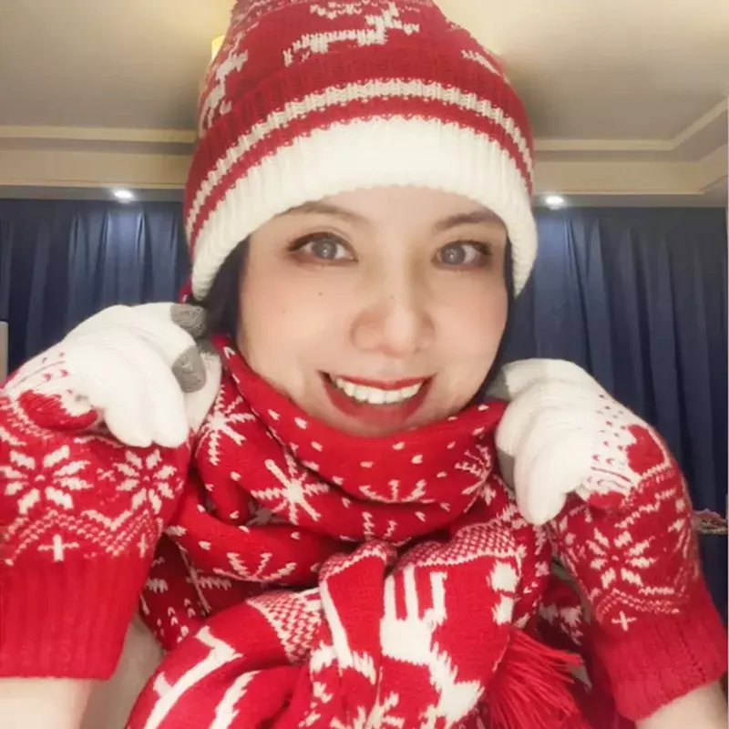 여성용 겨울 보온 세트, 두껍고 부드러운 장갑 스카프, 크리스마스 눈송이 엘크 자카드 모자, 눈 디자인 목도리, 3 개