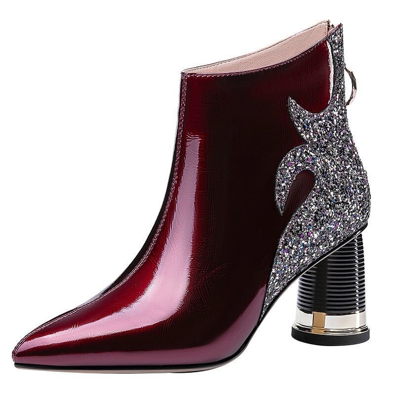 High Quality Women's Boots 2023 Shiny Sequined Ladies High Heels Sexy Pointed Ankle Boots Comfor Chunky Heel Office Female Shoes