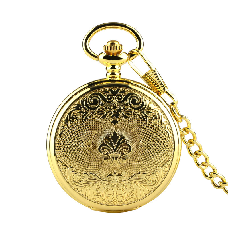 Jam tangan saku pria pola dekorasi emas jam tangan mekanik putar tangan angka Romawi jimat Dial jam pria saku antik