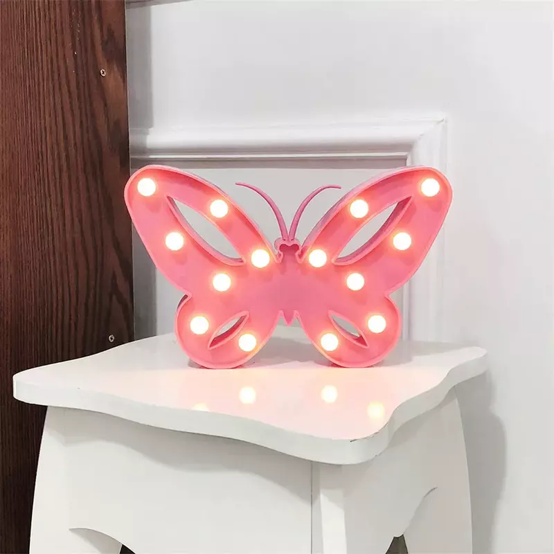 Lampu Kupu-kupu Merah Muda Kartun Lampu Malam Huruf Dekoratif untuk Kamar Tidur Hadiah Natal untuk Anak Perempuan Anak-anak Bertenaga Baterai