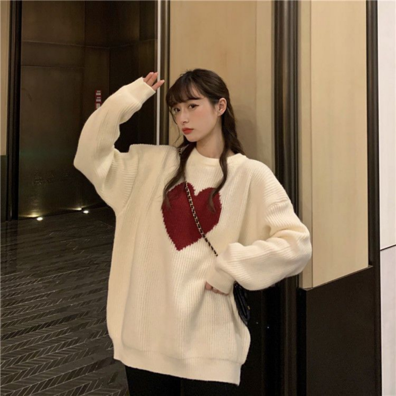 Зимний новый милый свитер с сердечками в стиле ретро Harajuku пуловер с длинным рукавом Свободный вязаный Повседневный свитер Корейская одежда