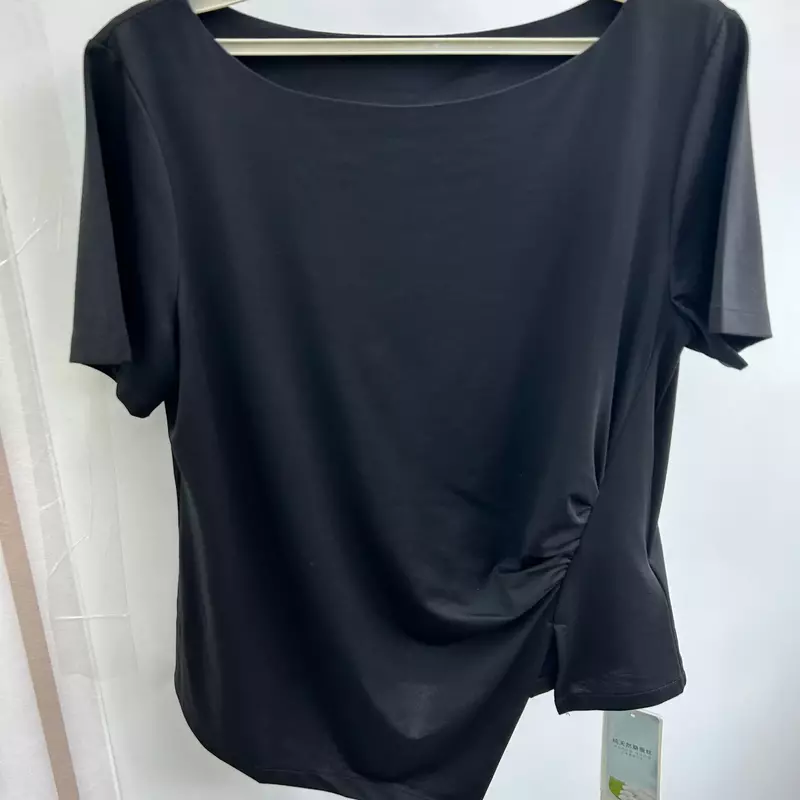 Camiseta de manga corta WT43 para mujer, Camiseta de algodón elástico con cuello redondo, camiseta de gran tamaño de color simple, novedad de verano 2023