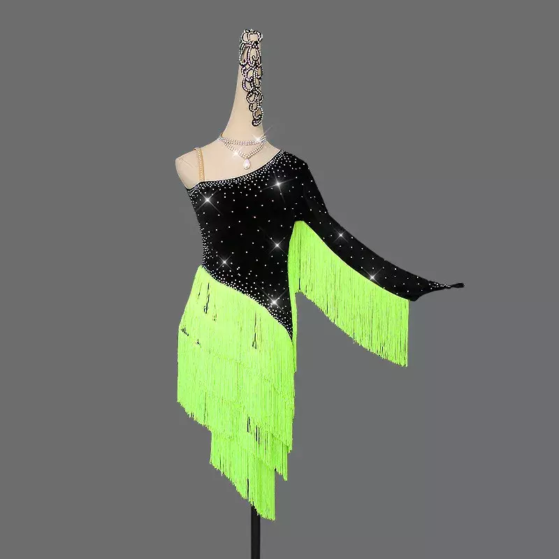 Vestido de baile latino para mujer, ropa Sexy con diamantes de imitación brillantes, color negro y verde, para competición, actuación, práctica, Salsa, salón de baile