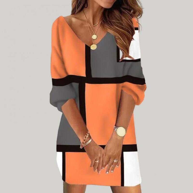 Frauen Herbst Winter Freizeit kleid V-Ausschnitt Langarm geometrischen Kontrast Farbdruck übergroße Urlaubs kleid Streetwear