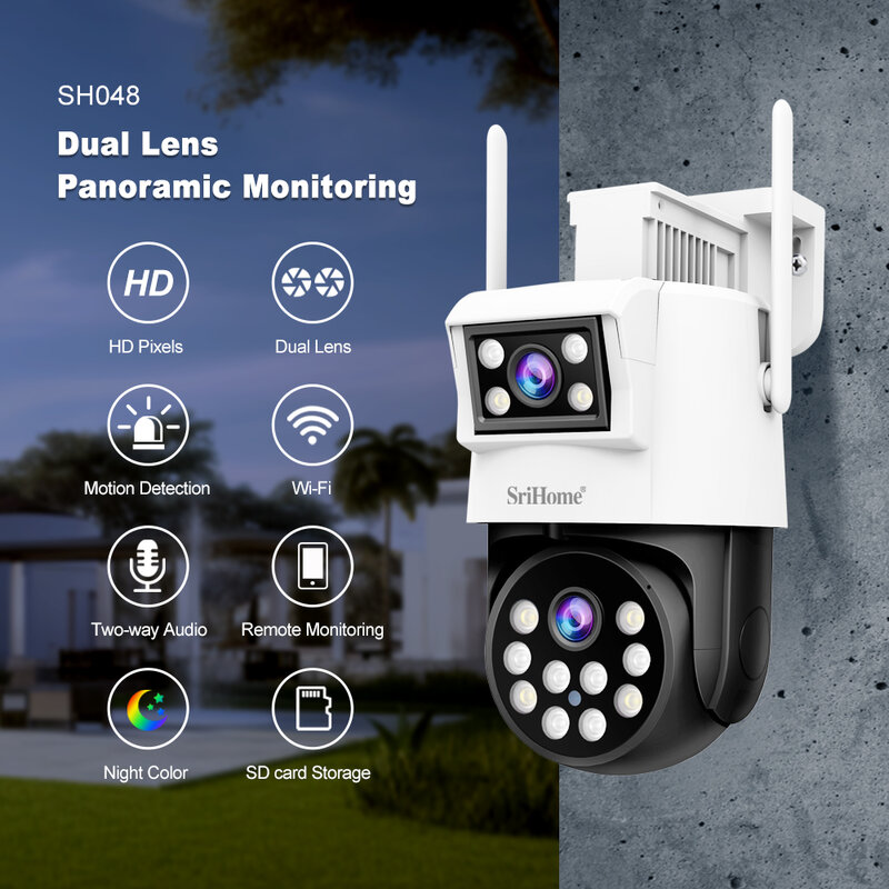Srihome-Câmera CCTV com Lente Dupla, PTZ, Rastreamento Automático AI, Vigilância por Vídeo de Segurança, Exterior, WiFi, HD, IP, 4MP