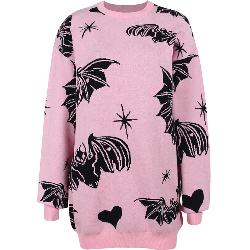 Bat Print Loose Long Sleeve Sweater for Women Halloween Dark Style 2023 Autumn Fashion New Crew Neck Pullovers Top Streetwear