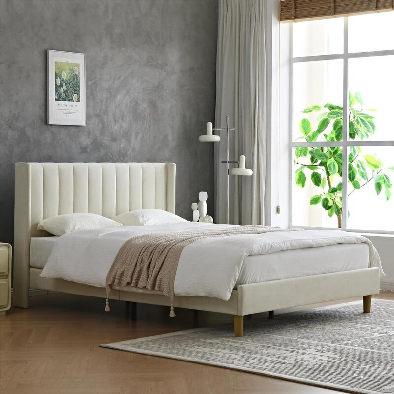 Marco de cama con plataforma tapizada, cabecero con diseño geométrico moderno de doble ala, tela de lino y franela, fácil de montar