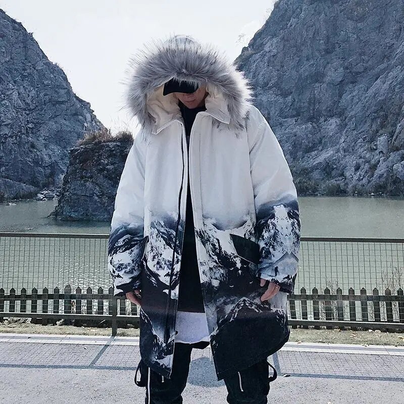 Masculino casaco de algodão dos homens do vintage hip hop com capuz acolchoado jaqueta harajuku graffiti impresso parka gola de pele de inverno casal outwear