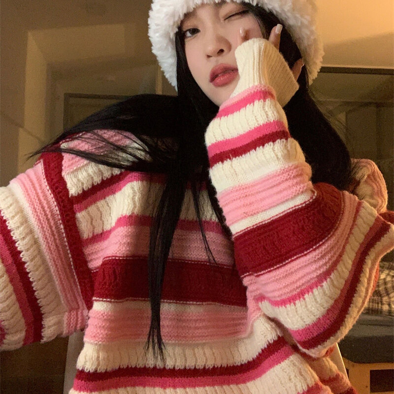 Женский пуловер с длинным рукавом и круглым вырезом, Осенний Модный повседневный простой Свободный пуловер в полоску в Корейском стиле, в ленивом стиле ретро
