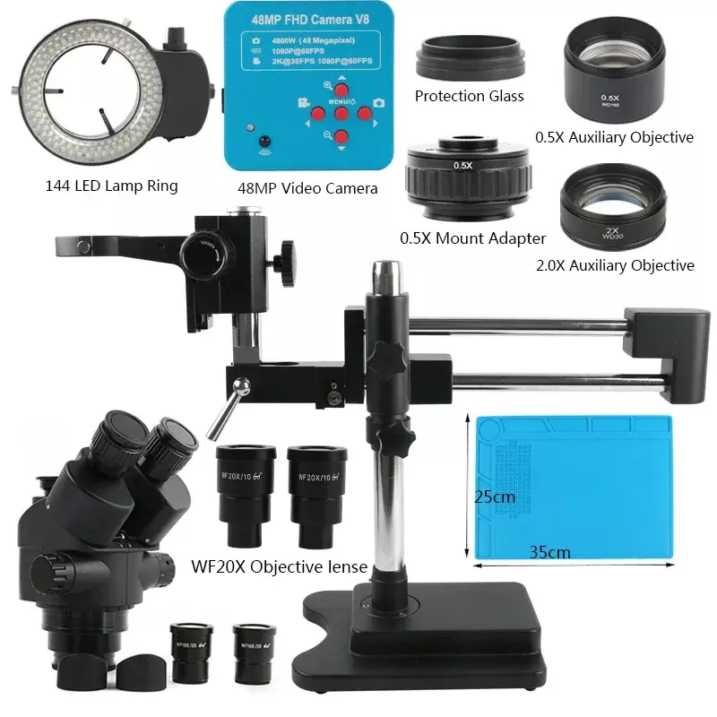 Microscopio Trinocular de doble brazo para reparación de PCB, soporte simul-focal, Zoom estéreo, 48MP, 55MP, 2K, 4K, HDMI, VGA, USB, 3.5X, 90X, 180X