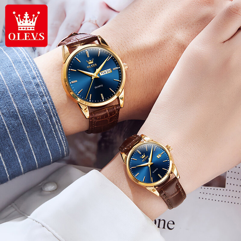 OLEVS coppia orologi moda cinturino in pelle orologi al quarzo per donna e uomo semplice data settimana quadrante orologio da polso coppia impermeabile