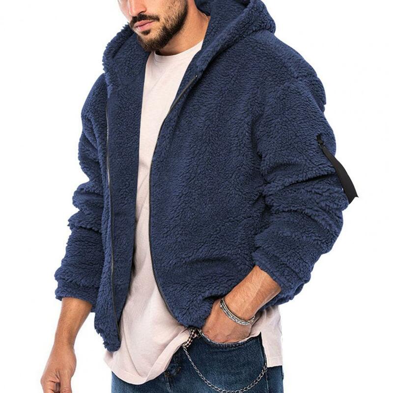 남성용 플러시 후드 디자인 재킷, 트렌디한 푹신한 후드 코트, 두꺼운 플리스 재킷, 겨울용 따뜻한 지퍼