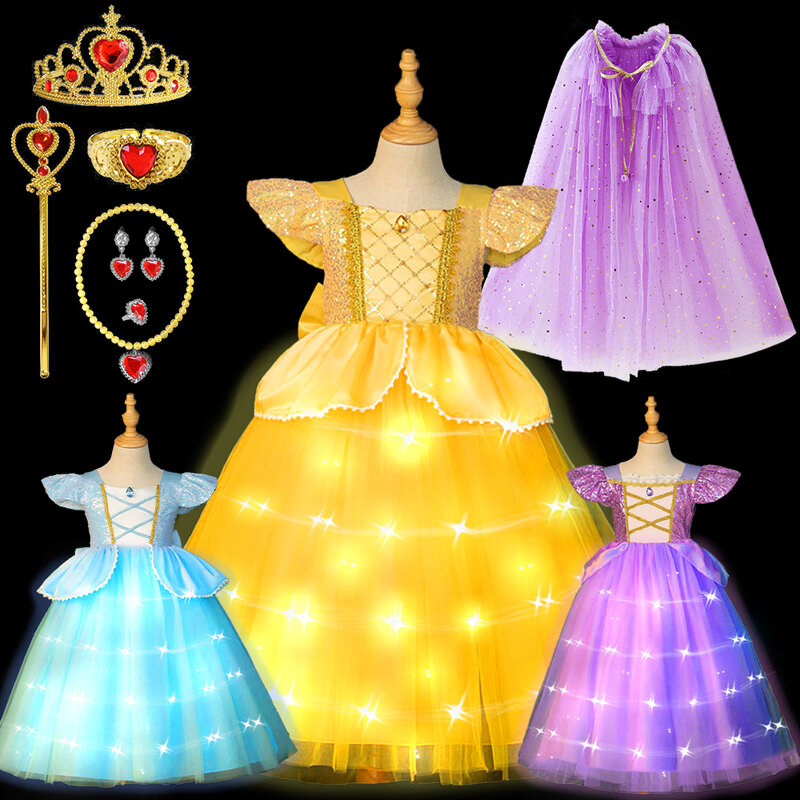 Disfraz de Cenicienta para fiesta de Halloween, vestido de princesa Rapunzel, Bella, con luz LED, 2024, para cumpleaños